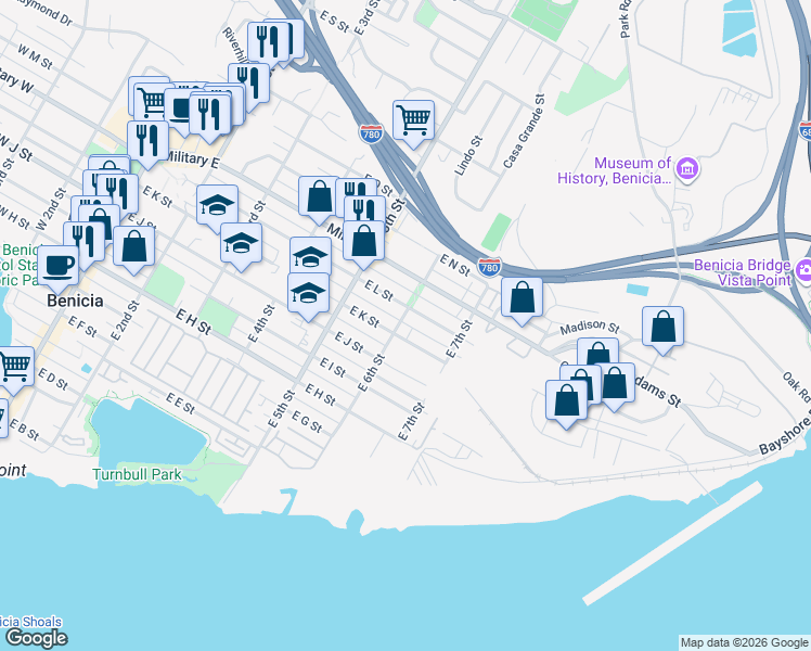 map of restaurants, bars, coffee shops, grocery stores, and more near 1118 East 6th Street in Benicia