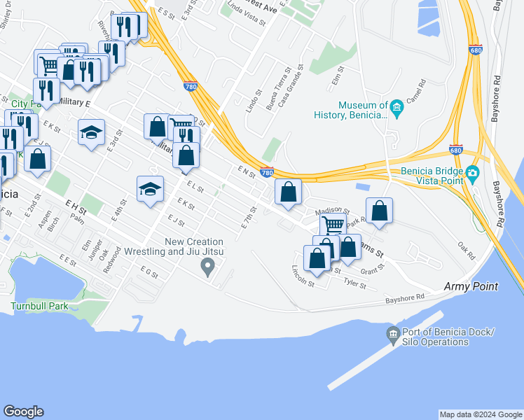 map of restaurants, bars, coffee shops, grocery stores, and more near 1306 East 7th Street in Benicia