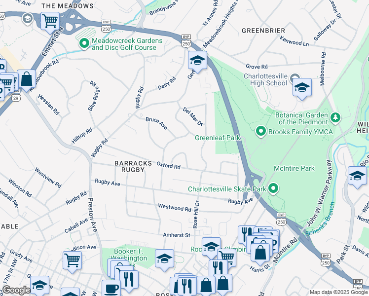 map of restaurants, bars, coffee shops, grocery stores, and more near 1509 Greenleaf Lane in Charlottesville