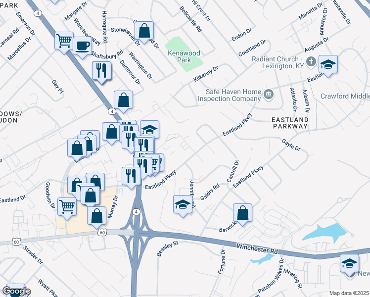 map of restaurants, bars, coffee shops, grocery stores, and more near 1585 Martha Court in Lexington