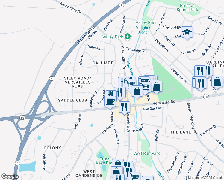 map of restaurants, bars, coffee shops, grocery stores, and more near 2348 Le Havre Road in Lexington