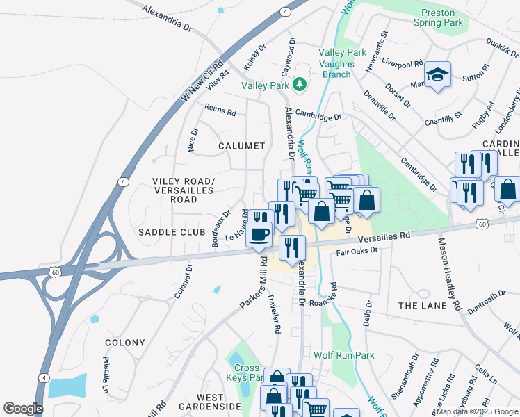 map of restaurants, bars, coffee shops, grocery stores, and more near 2348 Le Havre Road in Lexington