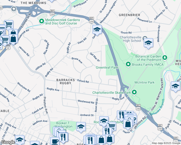 map of restaurants, bars, coffee shops, grocery stores, and more near 1509 Greenleaf Lane in Charlottesville