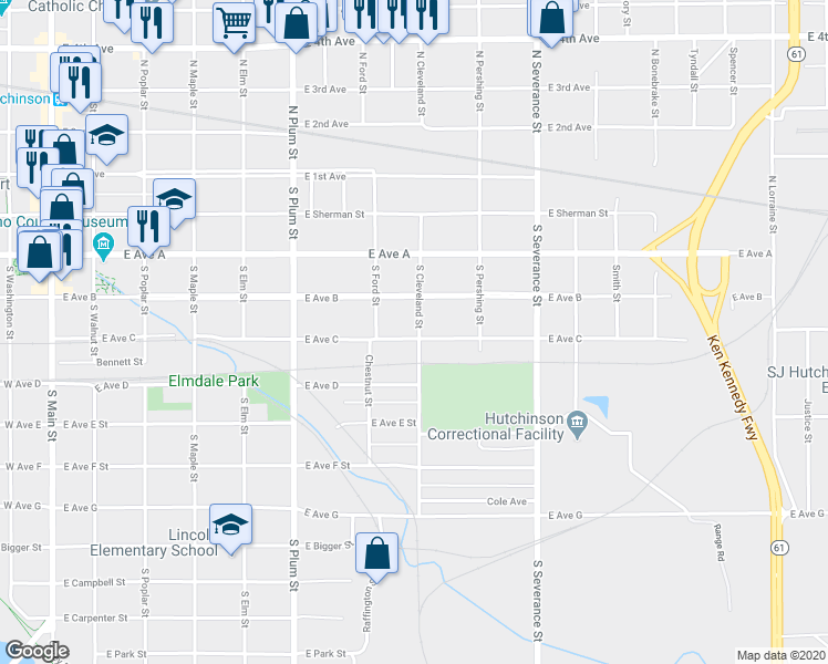 map of restaurants, bars, coffee shops, grocery stores, and more near 628 East Avenue C in Hutchinson