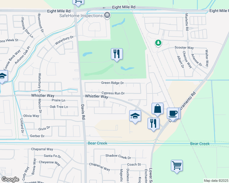 map of restaurants, bars, coffee shops, grocery stores, and more near 10413 Wood Ridge Court in Stockton