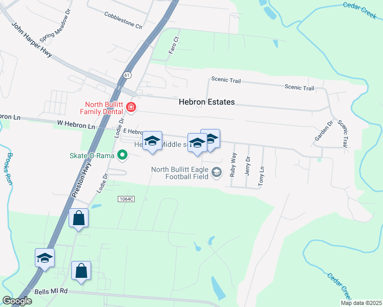 map of restaurants, bars, coffee shops, grocery stores, and more near 3200 East Hebron Lane in Shepherdsville