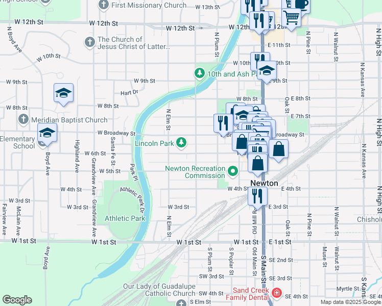 map of restaurants, bars, coffee shops, grocery stores, and more near 406 West 6th Street in Newton