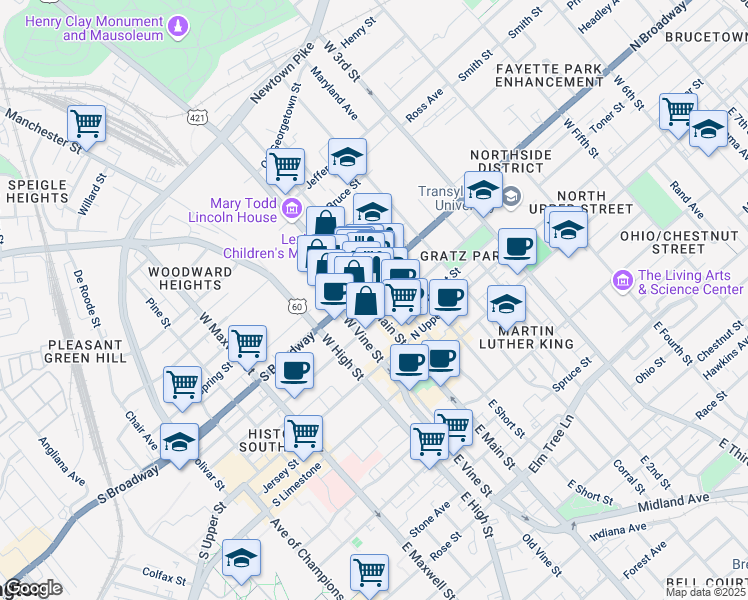 map of restaurants, bars, coffee shops, grocery stores, and more near 109 North Mill Street in Lexington
