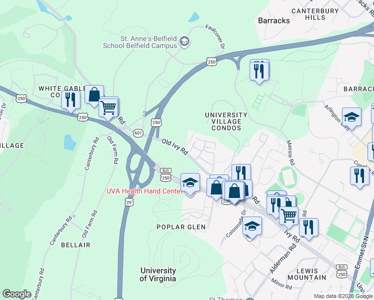 map of restaurants, bars, coffee shops, grocery stores, and more near 313 Harvest Drive in Charlottesville