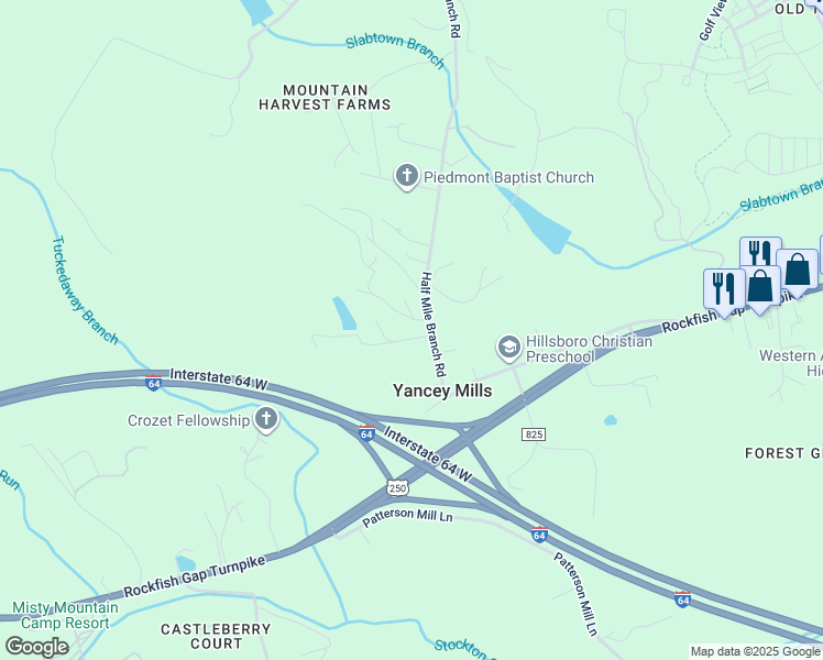 map of restaurants, bars, coffee shops, grocery stores, and more near 6410 Tucker Way in Crozet