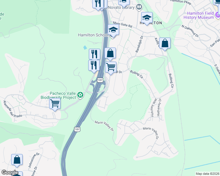 map of restaurants, bars, coffee shops, grocery stores, and more near 257 Marin Valley Drive in Novato
