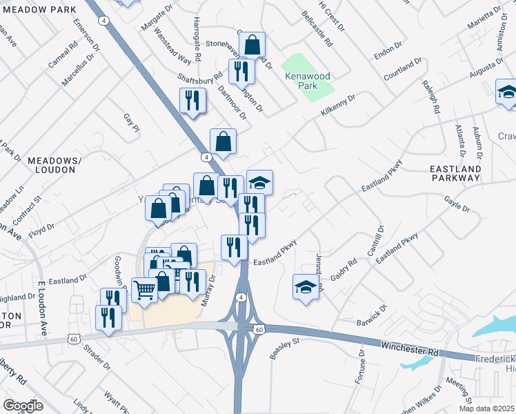 map of restaurants, bars, coffee shops, grocery stores, and more near 695 East New Circle Road in Lexington