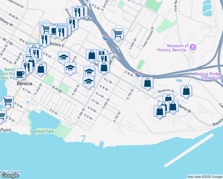 map of restaurants, bars, coffee shops, grocery stores, and more near 561 East K Street in Benicia