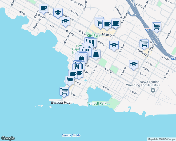 map of restaurants, bars, coffee shops, grocery stores, and more near 182 East G Street in Benicia