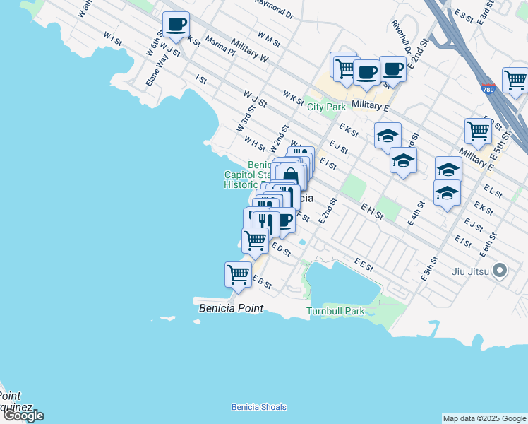 map of restaurants, bars, coffee shops, grocery stores, and more near 128 West F Street in Benicia