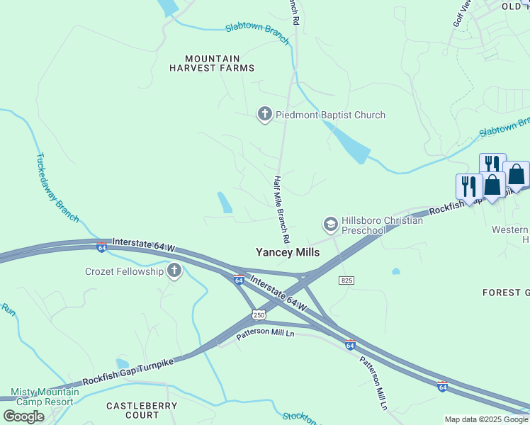 map of restaurants, bars, coffee shops, grocery stores, and more near 6410 Tucker Way in Crozet