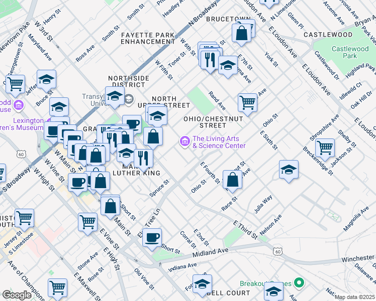 map of restaurants, bars, coffee shops, grocery stores, and more near 364 North Martin Luther King Boulevard in Lexington