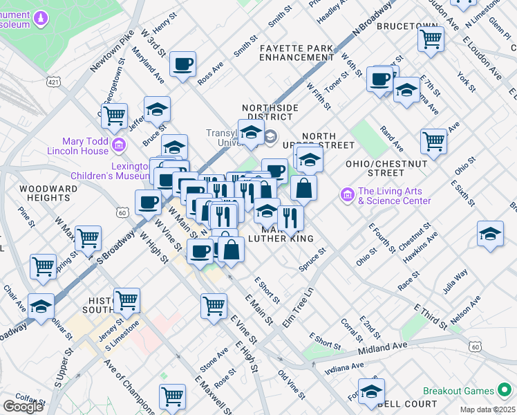 map of restaurants, bars, coffee shops, grocery stores, and more near 237 North Limestone in Lexington