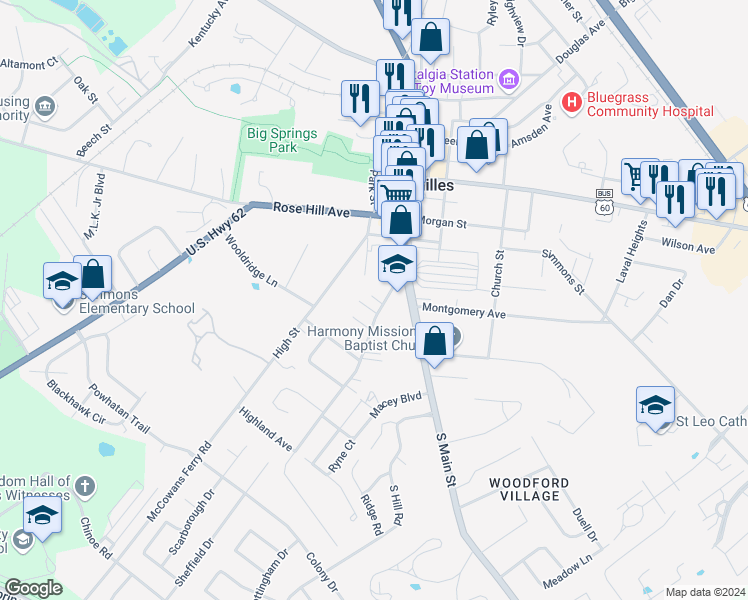 map of restaurants, bars, coffee shops, grocery stores, and more near 125 Macey Avenue in Versailles