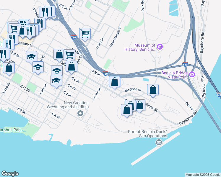 map of restaurants, bars, coffee shops, grocery stores, and more near 721 Military East in Benicia