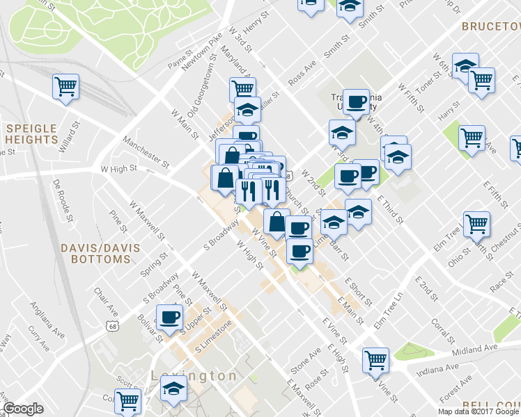map of restaurants, bars, coffee shops, grocery stores, and more near 361 W Main St in Lexington