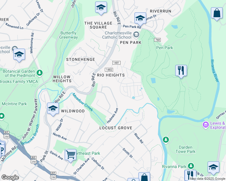 map of restaurants, bars, coffee shops, grocery stores, and more near 1234 Holmes Avenue in Charlottesville
