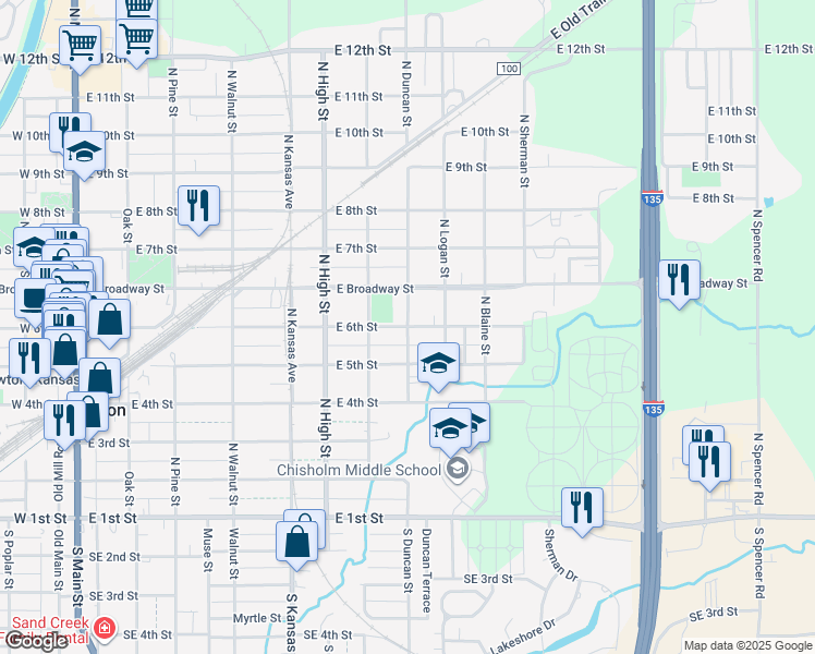 map of restaurants, bars, coffee shops, grocery stores, and more near 600 North Duncan Street in Newton