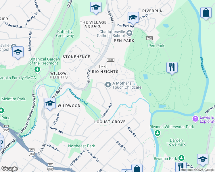 map of restaurants, bars, coffee shops, grocery stores, and more near 1234 Holmes Avenue in Charlottesville
