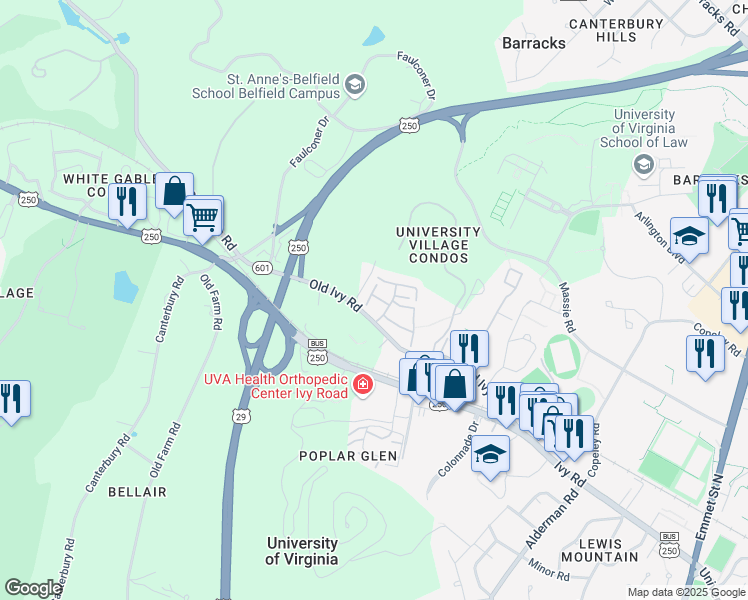 map of restaurants, bars, coffee shops, grocery stores, and more near 326 Harvest Drive in Charlottesville