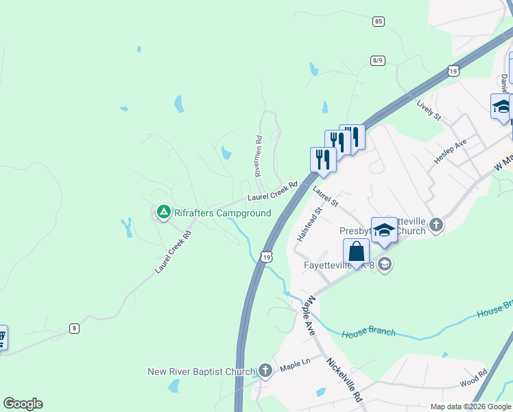 map of restaurants, bars, coffee shops, grocery stores, and more near 185 Laurel Creek Road in Fayetteville