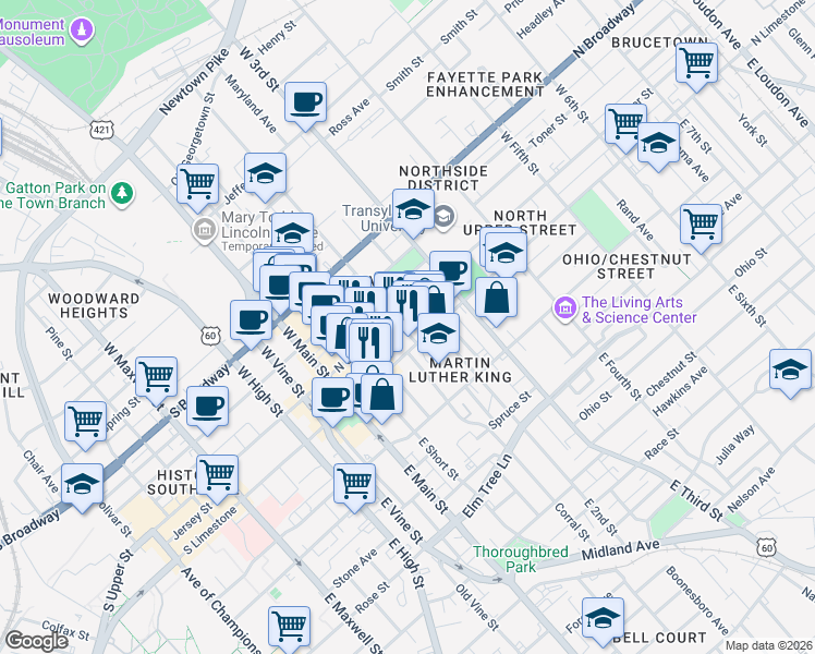 map of restaurants, bars, coffee shops, grocery stores, and more near 200 North Upper Street in Lexington