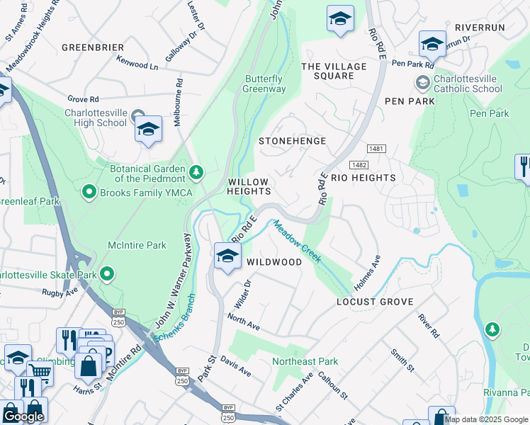 map of restaurants, bars, coffee shops, grocery stores, and more near 435 Rio Road East in Charlottesville
