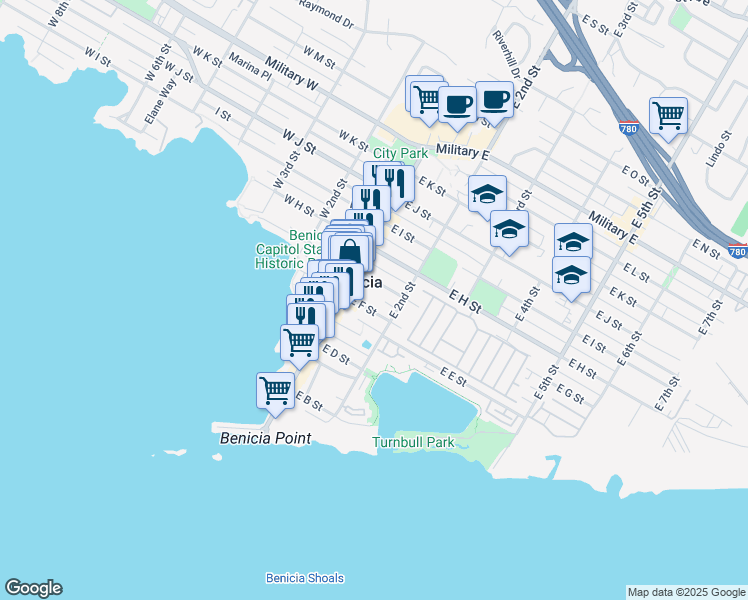 map of restaurants, bars, coffee shops, grocery stores, and more near in Benicia