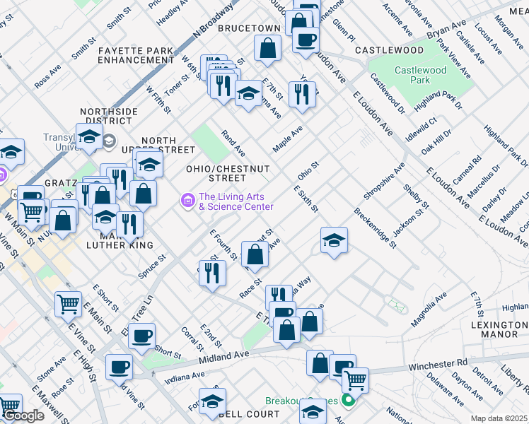 map of restaurants, bars, coffee shops, grocery stores, and more near 500 Ohio Street in Lexington