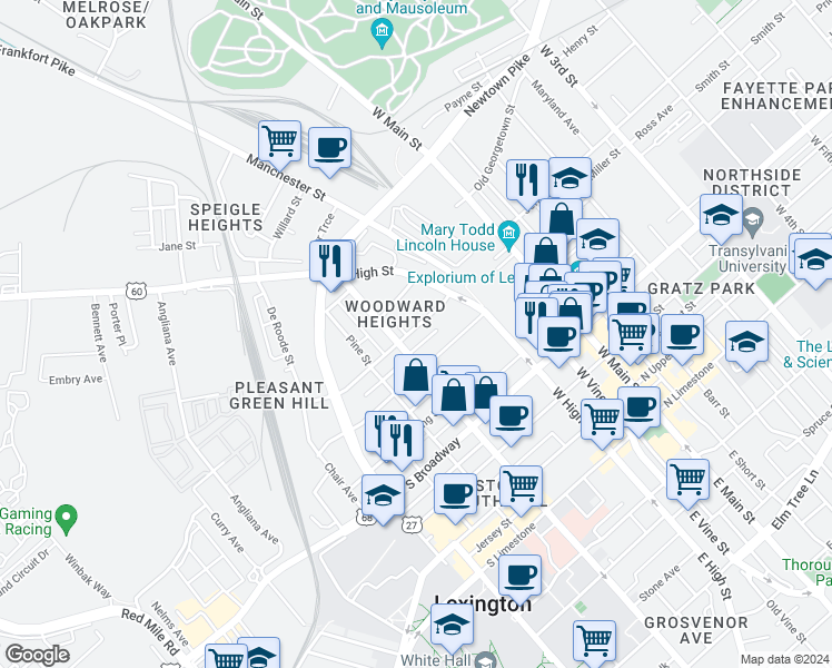 map of restaurants, bars, coffee shops, grocery stores, and more near 356 Merino Street in Lexington