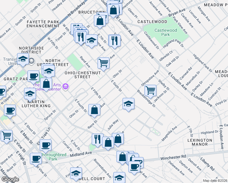map of restaurants, bars, coffee shops, grocery stores, and more near 560 Chestnut Street in Lexington