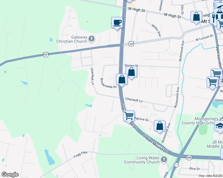 map of restaurants, bars, coffee shops, grocery stores, and more near 635 Brookmede Drive in Mount Sterling