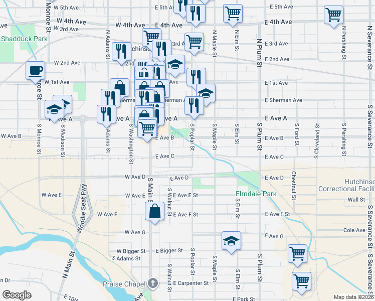 map of restaurants, bars, coffee shops, grocery stores, and more near 227 South Poplar Street in Hutchinson
