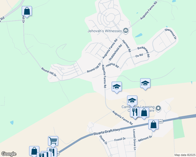 map of restaurants, bars, coffee shops, grocery stores, and more near 34 Augusta Court in Waynesboro