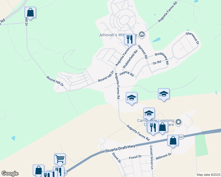 map of restaurants, bars, coffee shops, grocery stores, and more near 34 Augusta Court in Waynesboro