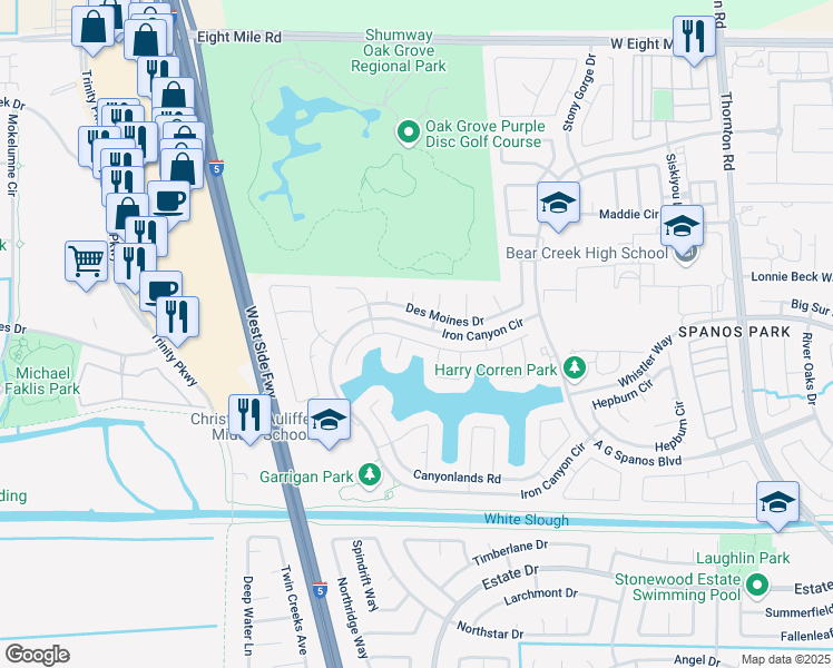 map of restaurants, bars, coffee shops, grocery stores, and more near 3721 Oak Shores Drive in Stockton