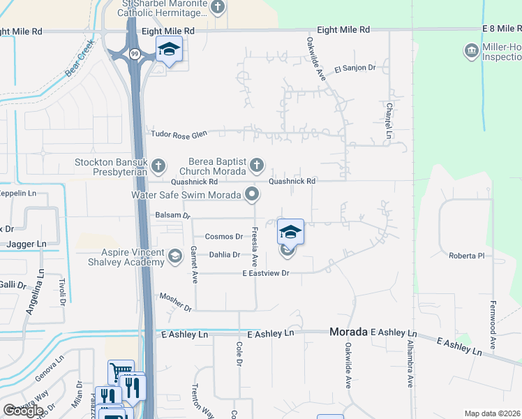 map of restaurants, bars, coffee shops, grocery stores, and more near 10379 North Black Oak Court in Stockton