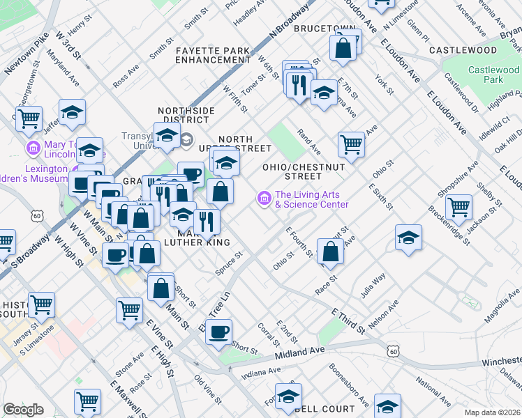 map of restaurants, bars, coffee shops, grocery stores, and more near 364 North Martin Luther King Boulevard in Lexington