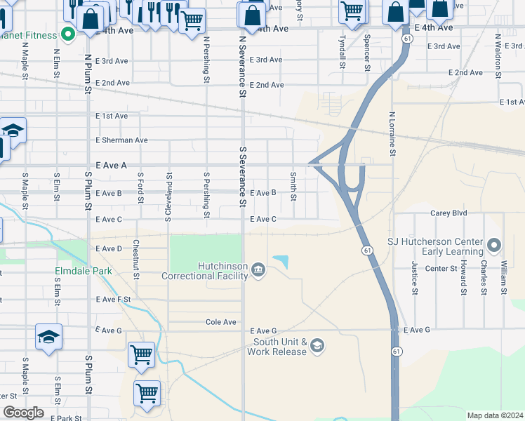 map of restaurants, bars, coffee shops, grocery stores, and more near 219 Reformatory Street in Hutchinson