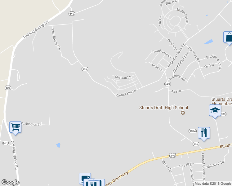 map of restaurants, bars, coffee shops, grocery stores, and more near 330 Round Hill Drive in Stuarts Draft