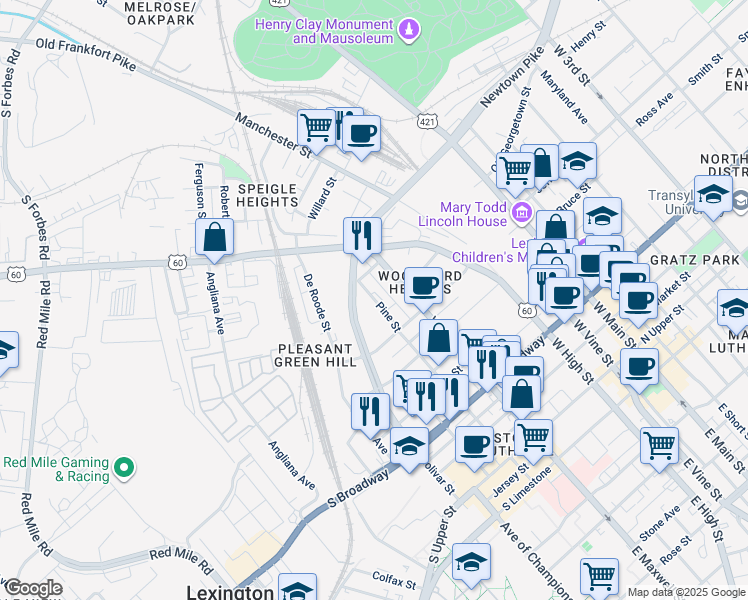 map of restaurants, bars, coffee shops, grocery stores, and more near in Lexington