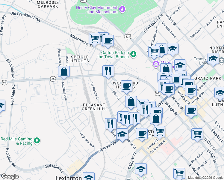 map of restaurants, bars, coffee shops, grocery stores, and more near 744-748 Pine St in Lexington