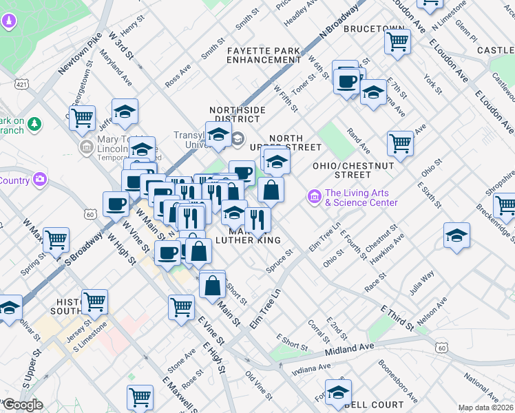 map of restaurants, bars, coffee shops, grocery stores, and more near 122 East Third Street in Lexington
