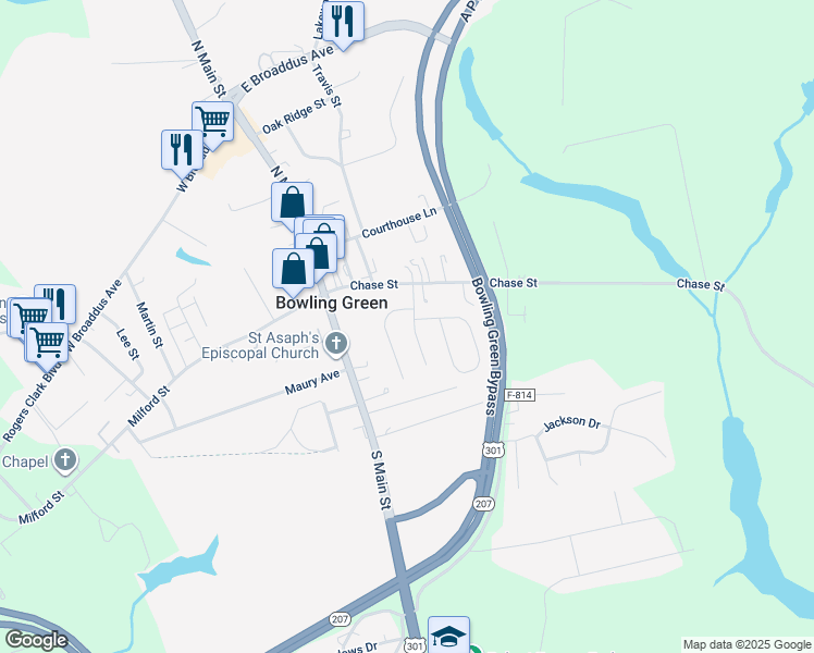 map of restaurants, bars, coffee shops, grocery stores, and more near 192 Meadow Lane in Bowling Green