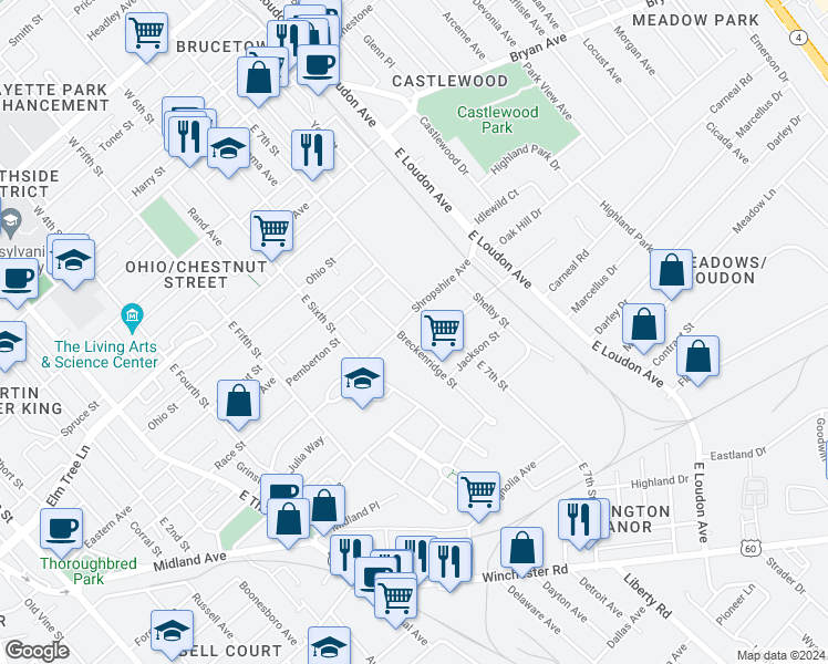 map of restaurants, bars, coffee shops, grocery stores, and more near 511 Breckenridge Street in Lexington